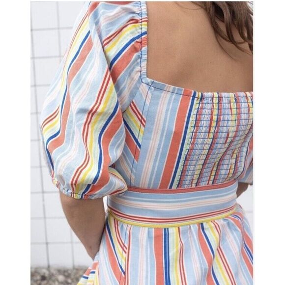 Tanya Taylor Claude Stripe Rainbow Dress Puff Sleeve Belt Sz 0 NWT $475 - Picture 3 of 16